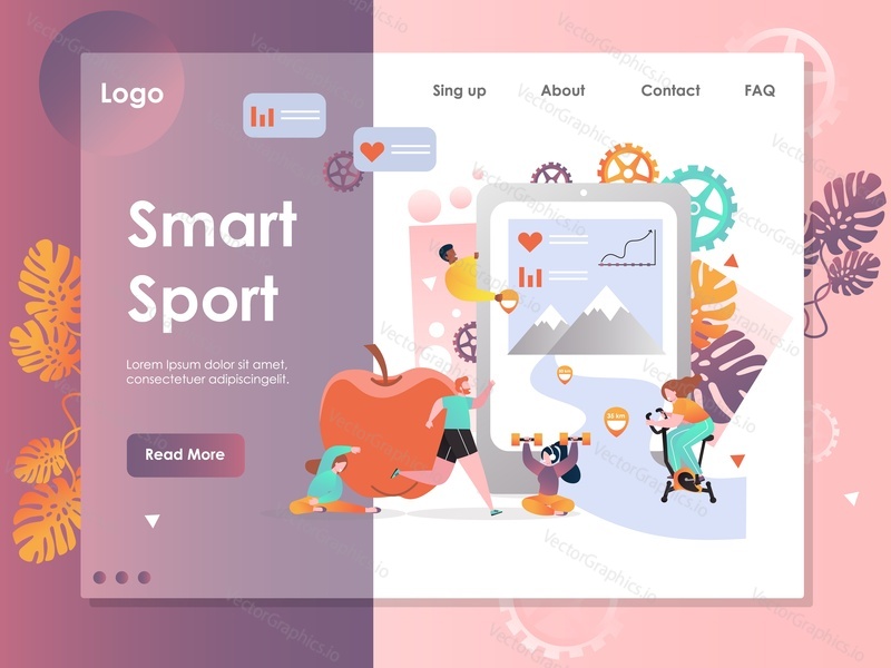 Smart sport vector website template, web page and landing page design for website and mobile site development. Fitness tracking mobile phone application concept.