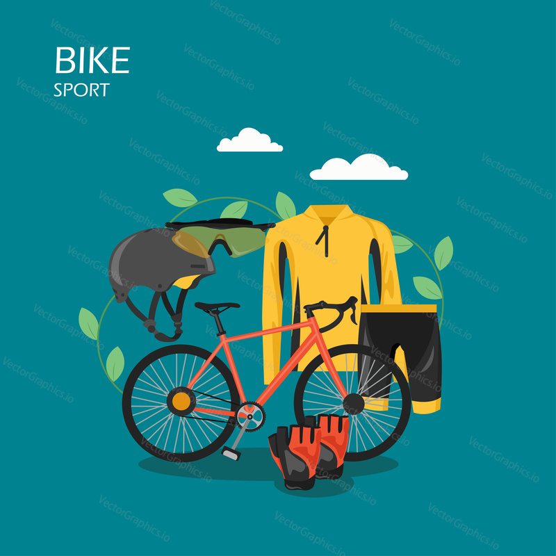 Sportovní kolo vector plochý styl designu ilustrace. Jízdní kolo, cyklistické oblečení, Ochranná přilba, sluneční brýle a rukavice. Cyklistické oblečení a vybavení pro jízdní kola složení pro webový banner, webovou stránku atd