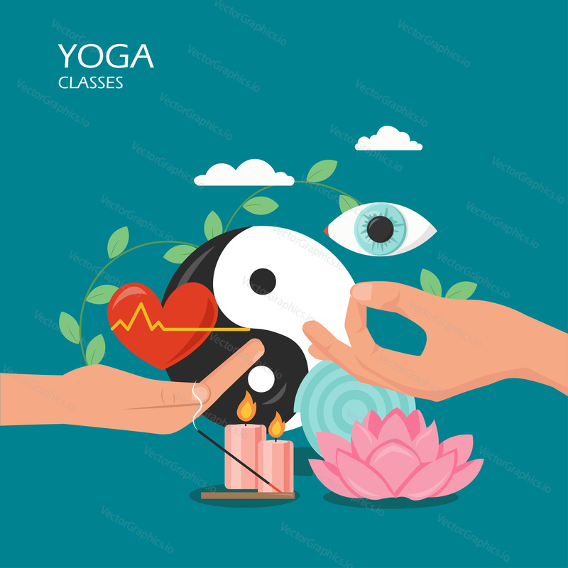Jóga třídy vektorové ploché ilustrace. Lotosový květ, oko, svíčky, rohož, lidské srdce na ruce dlaň, Yin a yang symbol, Gyan Mudra ruční gesto. Jóga symboly a příslušenství pro web banner webové stránky atd.