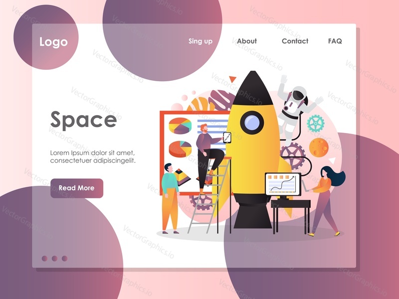 Šablona webu Space vector, návrh webové stránky a vstupní stránky pro vývoj webových stránek a mobilních stránek. Raketová věda, koncepce leteckého průmyslu.