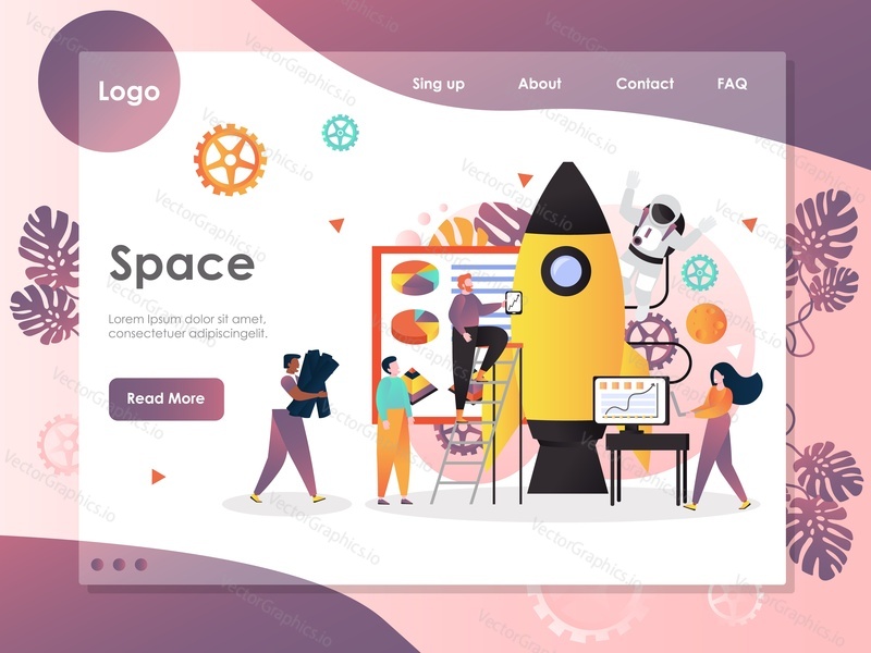 Šablona webu Space vector, návrh webové stránky a vstupní stránky pro vývoj webových stránek a mobilních stránek. Technologie průzkumu vesmíru, koncepce leteckého průmyslu.