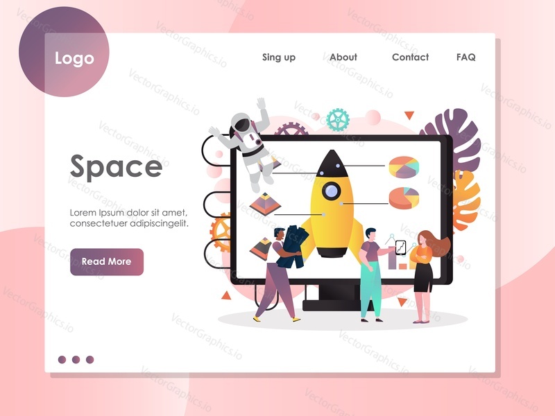 Šablona webu Space vector, návrh webové stránky a vstupní stránky pro vývoj webových stránek a mobilních stránek. Výpočetní technika a kosmický výzkum, koncept raketové vědy.