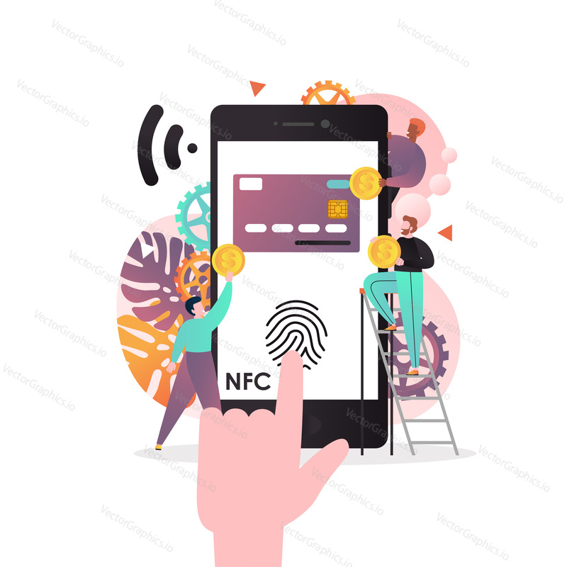 Векторная иллюстрация большого телефона с функцией NFC, используемого в качестве банковской карты с отпечатком пальца на экране, крошечные люди делают денежный перевод. Бесконтактные платежи, концепция технологии ближней связи.