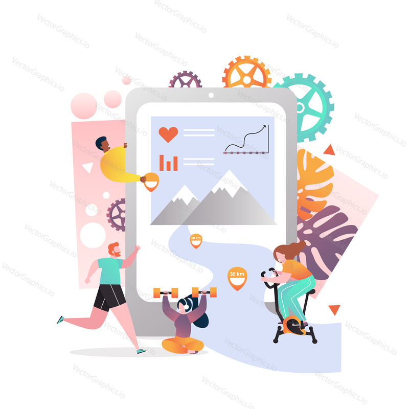 Vektorová ilustrace velkého smartphonu s aplikací pro sledování fitness aktivit pro cvičení, běh a drobné lidi sportující. Koncept inteligentní sportovní technologie pro webový banner, webovou stránku atd.