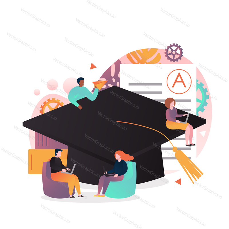 Vector illustration of big graduation academic cap and tiny people using laptops while sitting on it and next to it. Online education, e-learning process concept for web banner, website page.