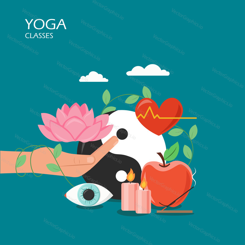 Jógy vektorové plochý styl designu ilustrace. Lotosový květ na ruce dlaň, oko, svíčky, lidské srdce, symbol jin a jang. Jóga symboly a příslušenství pro web banner, webové stránky atd.