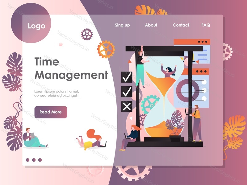 Time management vector website template, web page and landing page design for website and mobile site development. Deadline concept with woman sinking in sand inside of hourglass.