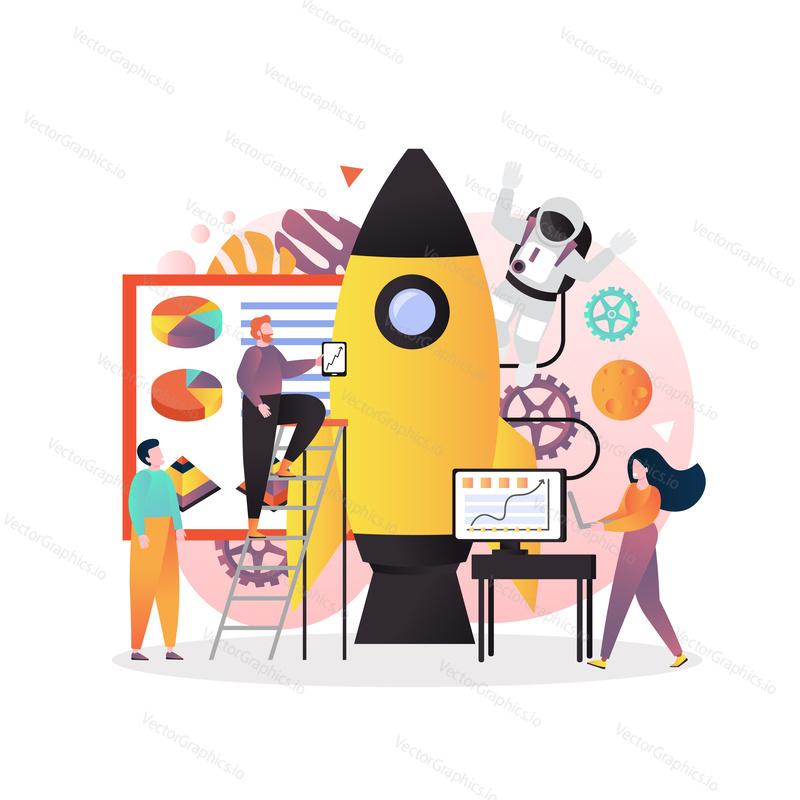 Vektorová ilustrace malých lidí inženýrů stavících velkou raketu, astronaut. Technologie průzkumu vesmíru, koncepce leteckého průmyslu pro webový banner, webovou stránku atd.