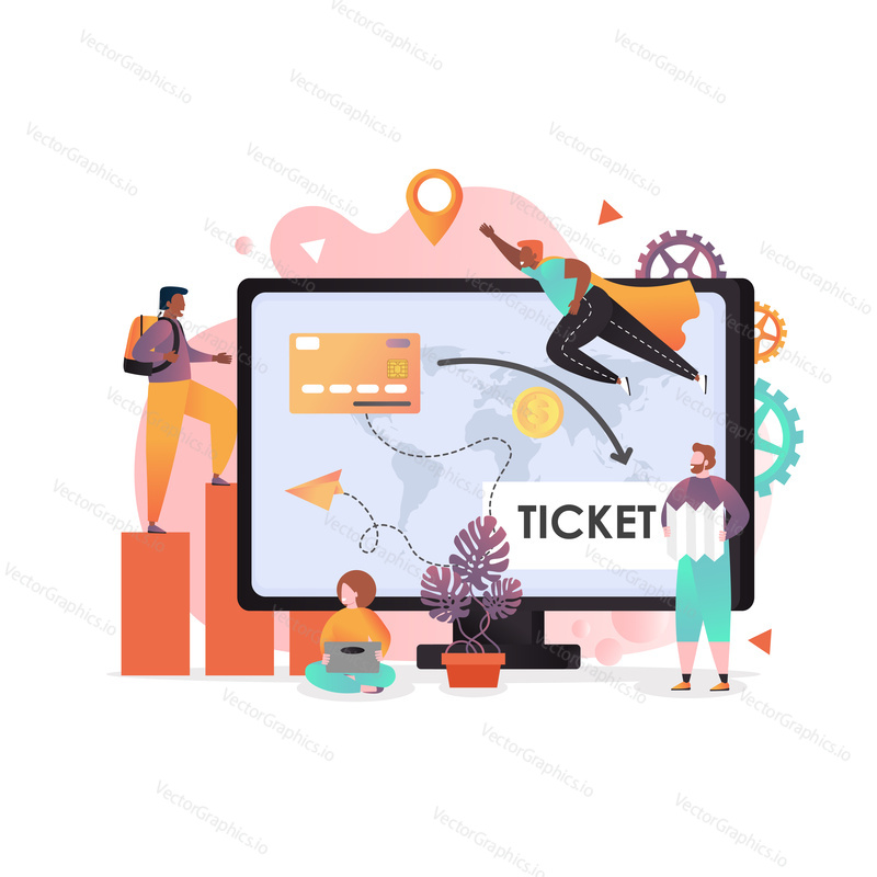 Vector illustration of big computer with world map on screen and tiny people booking flight tickets online. Travel the world, online payment concept for web banner, website page etc.