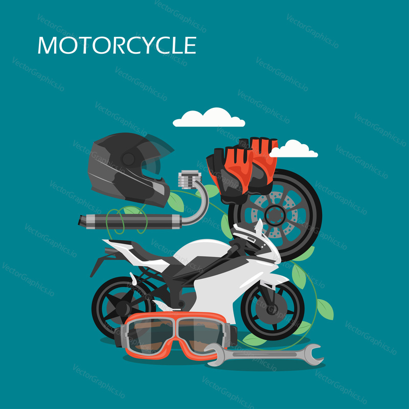Motorcycle vector flat illustration. Motorbike, helmet, glasses, gloves, exhaust system, wheel, wrench. Motorcycle spare parts and protective gear composition for web banner, website page etc.