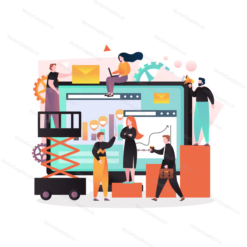 Vektorová ilustrace velkého monitoru počítače se statistickým panelem, drobní lidé posílají zprávy, Přestávka na kávu, mluvit mezi sebou. Business workflow process concept for web banner, page.