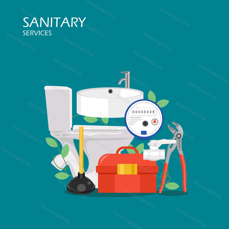 Sanitární služby vektorové plochý styl designu ilustrace. Vana, kohoutek, záchod, nářadí, píst, vodoměr, kleště. Instalatérské nástroje a vybavení pro webový banner, webovou stránku atd.