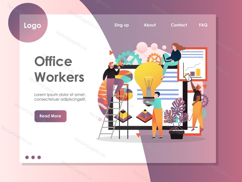 Office workers vector website template, web page and landing page design for website and mobile site development. Office work, coworking, teamwork concept.