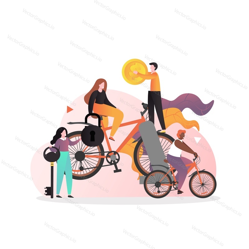 Mužské a ženské postavy na kole, drží klíč, zámek, dolarové mince, vektorové ilustrace. Sdílení kol, koncept půjčovny jízdních kol pro webový banner, webovou stránku atd.