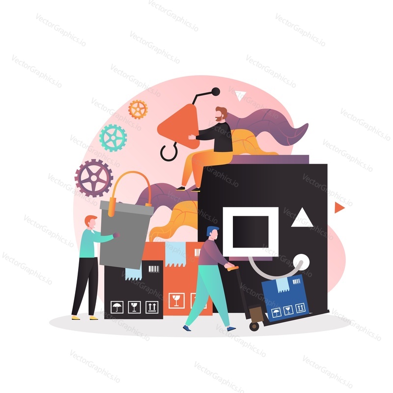 Foundry, steel casting factory with workers male characters holding ladle for casting, pushing cart with cardboard boxes, vector illustration. Metal industry concept for web banner, website page etc.