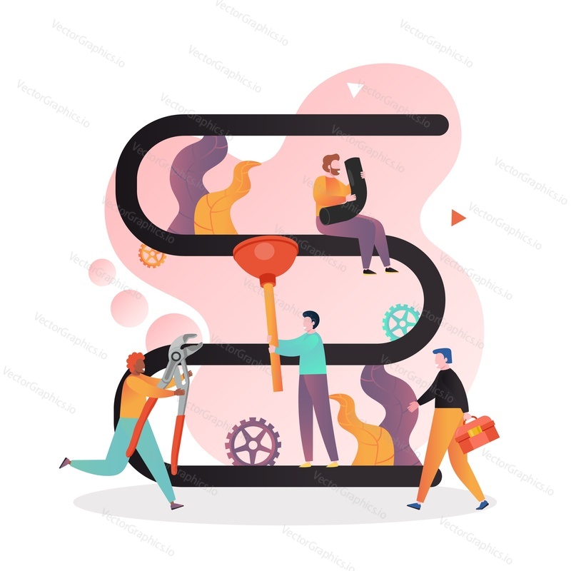 Huge bathroom heater and micro male characters plumbers with plunger, pliers, toolbox, pipe, vector illustration. Emergency plumber services concept for web banner, website page etc.