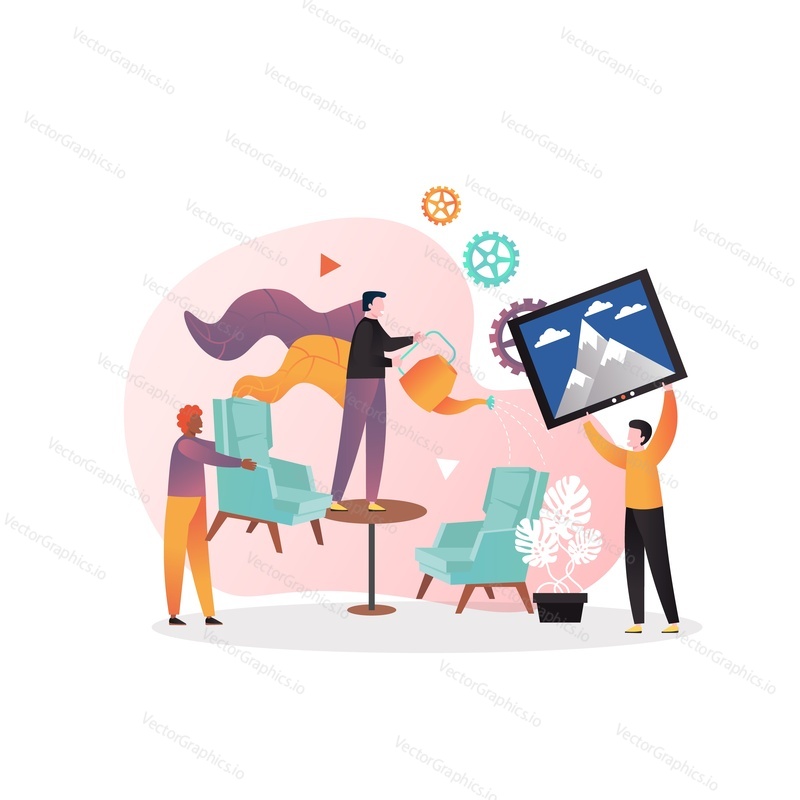 People arranging the furniture, home appliances in living room, vector illustration. Interior design, furniture arrangement concept for web banner, website page etc.