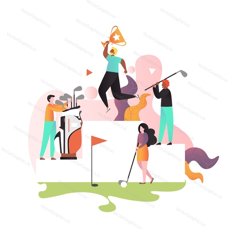 Golfový hráč s trofejním pohárem na podstavci vítěze, mužské a ženské postavy s golfovým vybavením, vektorové ilustrace. Golf championship victory concept pro webový banner, webovou stránku atd.