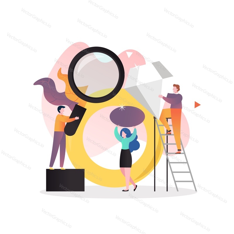 Micro characters jewelers making huge diamond ring, vector illustration. Jewelry workshop, jeweller service concept for web banner, website page etc.
