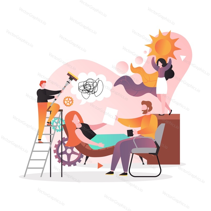 Woman getting professional psychologist consultation and treatment, vector illustration. Counseling and psychological services concept for web banner, website page etc.