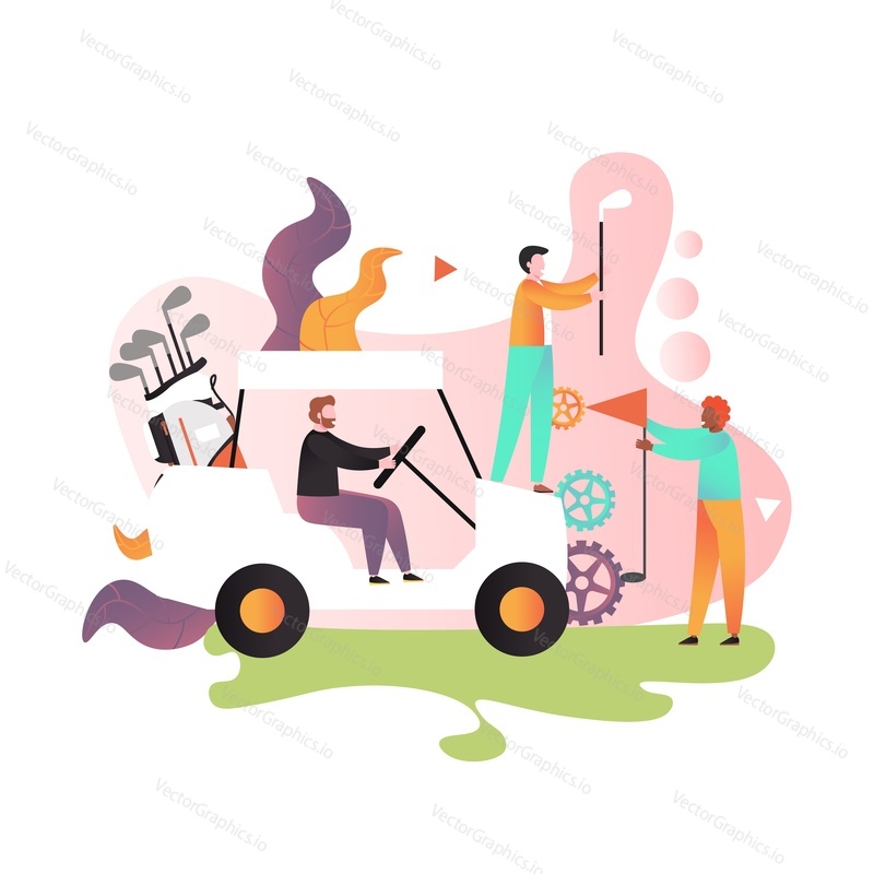 Golf cart driver sitting in car, male characters with club, flag, vector illustration. Golf equipment, summertime outdoor sports activities concept for web banner, website page etc.