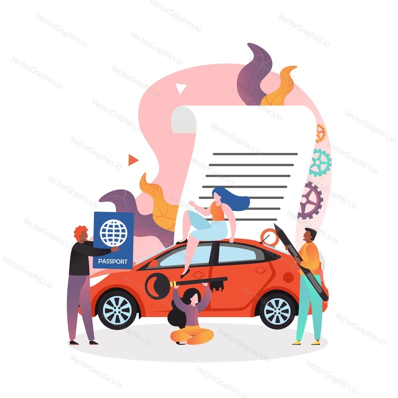 Obrovská smlouva o pronájmu auta, červené auto a mikro mužské a ženské postavy s pasem, klíčem a perem, vektorové ilustrace. Pronájem automobilu, koncept leasingu automobilů pro webový banner, webovou stránku atd.