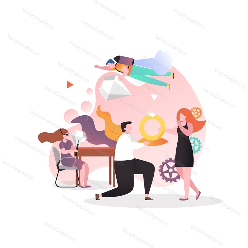 Mladý muž navrhuje sňatek s přítelkyní se zásnubním prstenem vyrobeným v klenotnické dílně, vektorové ilustrace. Šperky obchodní koncept pro web banner, webové stránky atd,