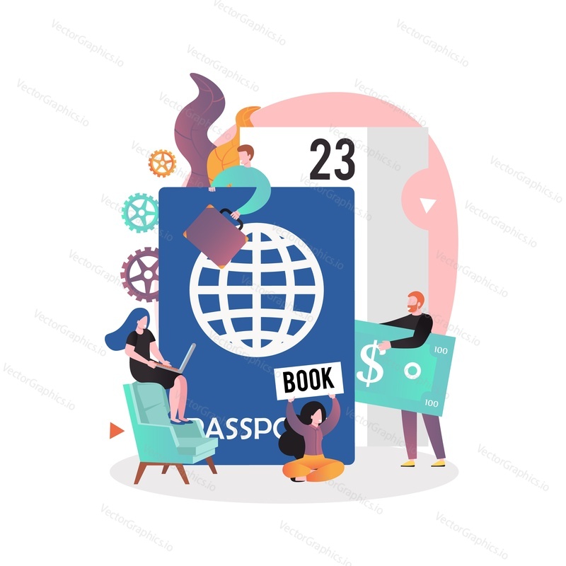 Online tour booking concept vector illustration. Travel agency search and flight booking composition with micro male and female characters and huge passport for web banner, website page etc.