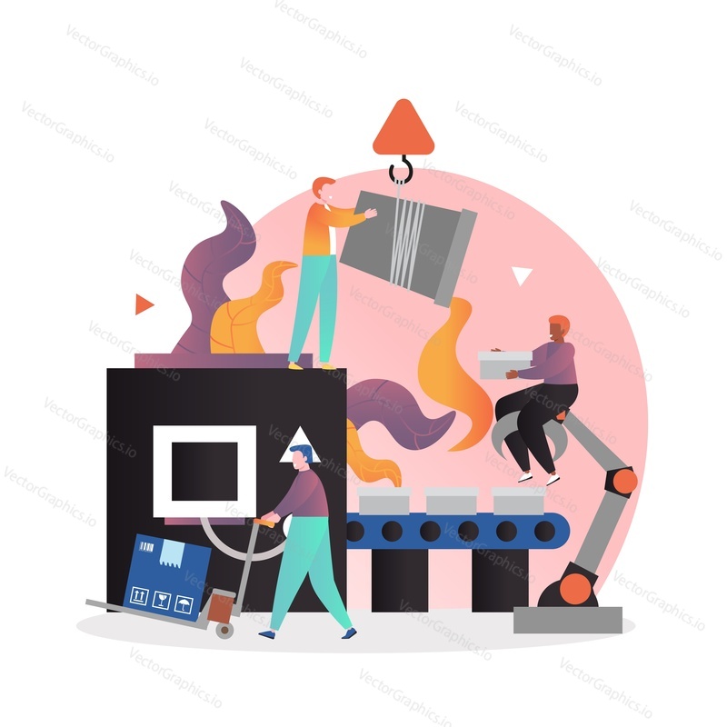 Metal casting process with workers, conveyor belt and robotic arm, vector illustration. Foundry, metalworking, metal production concept for web banner, website page etc.