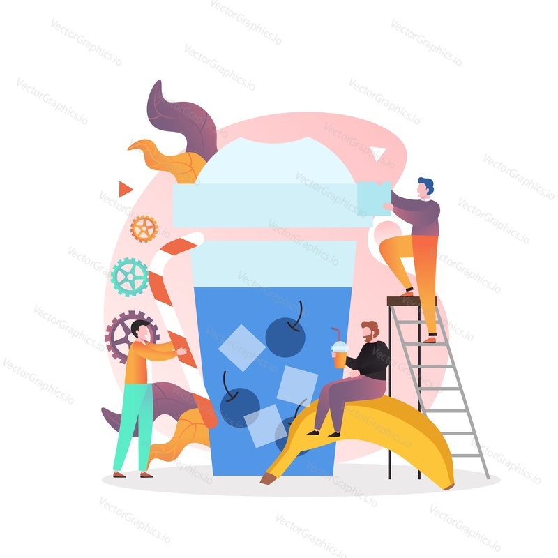 Huge glass of fresh organic fruit smoothie with blueberry, banana and ice cubes, micro characters making and drinking cocktail, vector illustration. Healthy breakfast or snack concept for website page