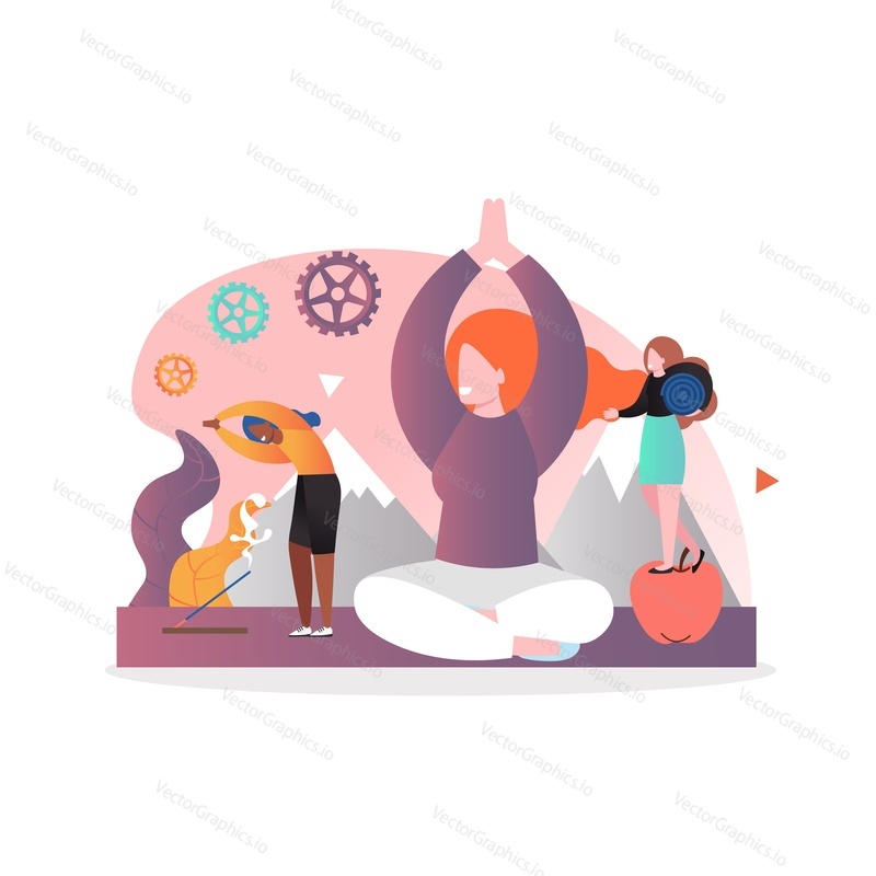 Mladá žena sedící v pozici jógy, Horská krajina, vektorová ilustrace. Jóga kemp v přírodě koncept pro web banner, webové stránky atd.