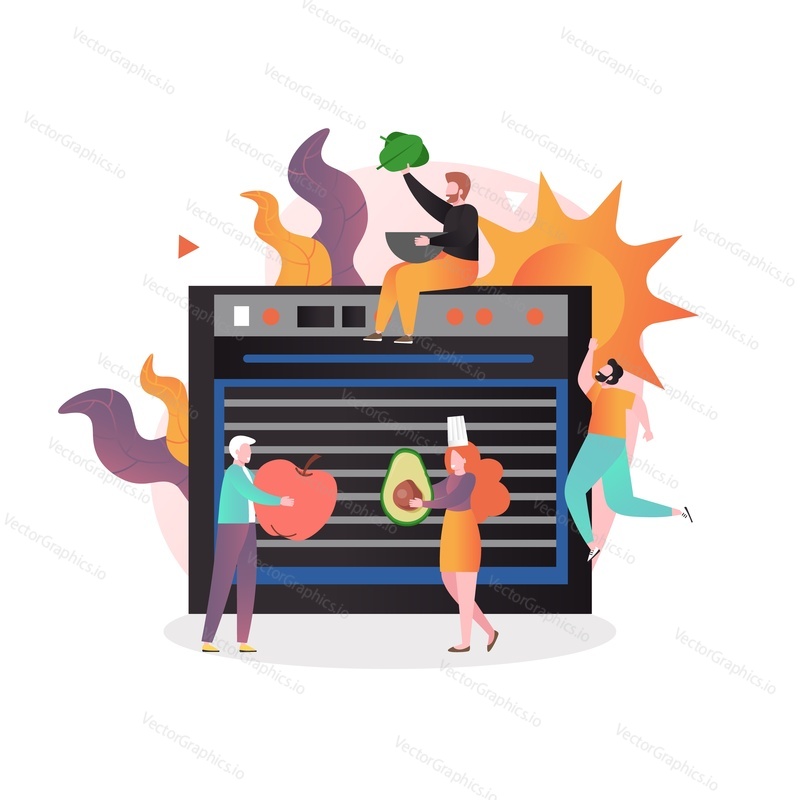 Micro mužské a ženské postavy vaření jídlo s jablkem, avokádo, špenát, vektorové ilustrace. Syrové potraviny, veganské zdravé stravování koncept pro web banner, webové stránky atd.