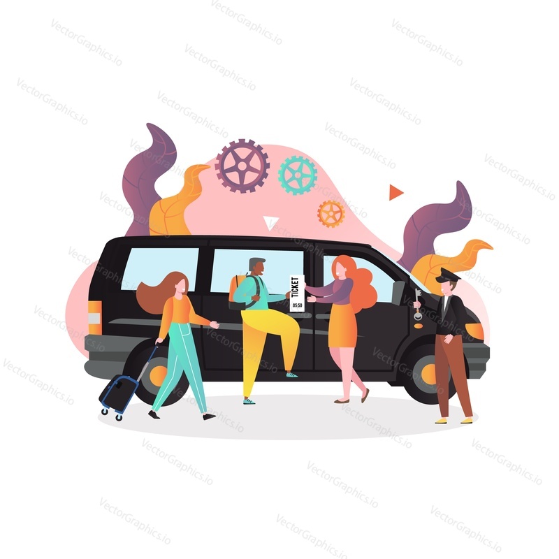Autobus, řidič s klíčem a cestující se zavazadly nákup jízdenek, vektorové ilustrace. Koncept pronájmu minibusů a služeb řidičů pro webový banner, webovou stránku atd.