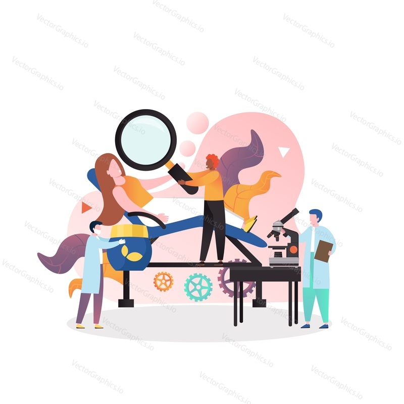 Male doctor professional with magnifier looking at face skin of his patient young girl sitting in medical chair, vector illustration. Dermatology, dermatologist checkup and consultation concept.