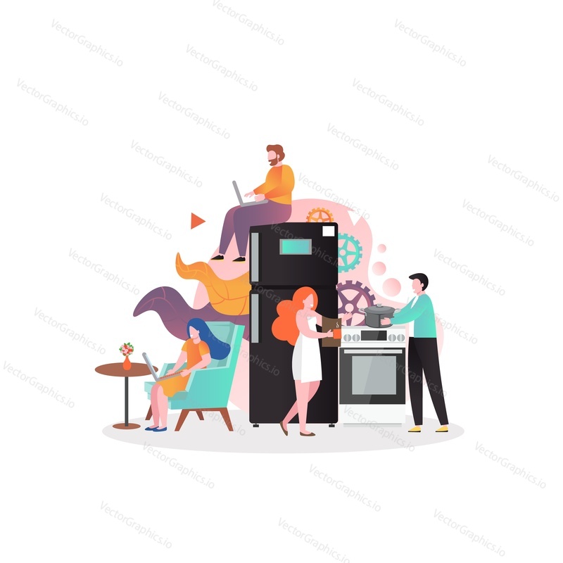 Hostel společná kuchyň ad jídelní kout s postavami, vektorové ilustrace. Hostel obchodní koncept pro web banner, webové stránky atd.