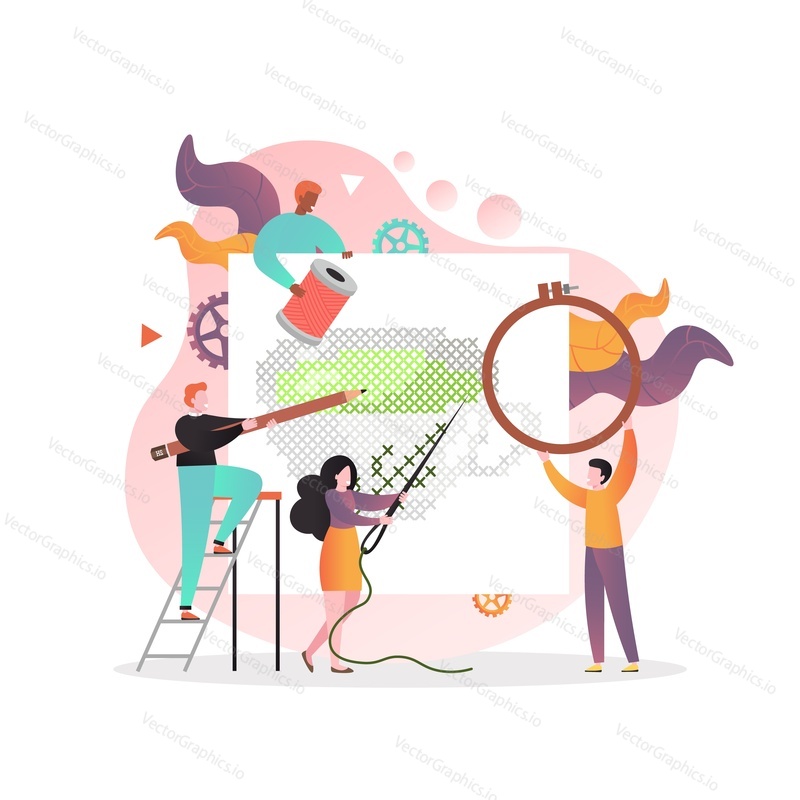 Micro mužské a ženské postavy vyšívání pohár pomocí obrovské vyšívací nástroje a doplňky Vzor, Obruč, jehla, nit, tužka, vektorové ilustrace. Ruční vyšívání třídy, craft hobby koncept.