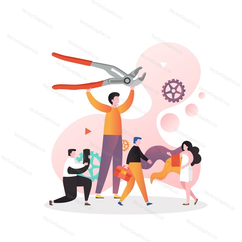 Huge plumber with pliers and micro male and female characters, vector illustration. Plumbing repair and installation services concept concept for web banner, website page etc.