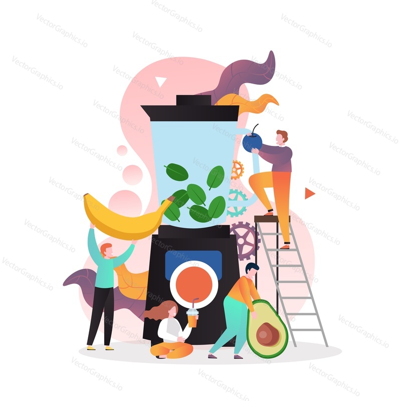 Micro male characters making organic fruit and spinach smoothie using huge blender, vector illustration. Vegetarian nutrition, detox cocktail concept for web banner, website page etc.