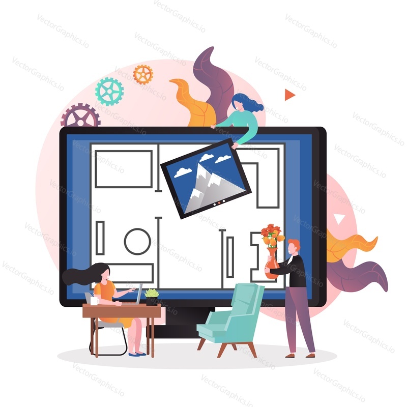 Professional interior designer team arranging furniture on huge laptop computer screen. Online interior design services vector concept for web banner, website page etc.