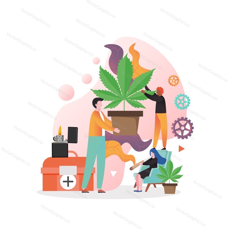 Obrovský muž drží hrnkové rostliny konopí, lékárnička, zapalovač, mikro ženské postavy kouření spliff, vektorové ilustrace. Lékařská marihuanová terapie, konzumace marihuany a koncept osvobození.
