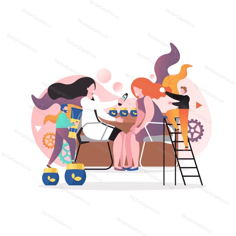 Cosmetologist services, vector illustration. Male and female characters performing cosmetic and healing procedures for woman face and body ultrasound facial peeling, application of face mask and cream