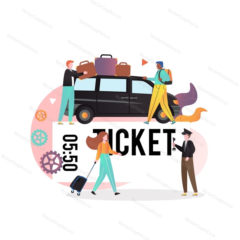 Veřejná doprava autobusová doprava, trasa taxi vektorový koncept ilustrace pro web banner, webové stránky atd. Minivan se zavazadly na střeše, řidič s klíčem, cestující mužské a ženské postavy a lístek.