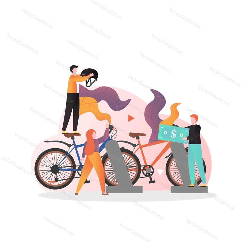 Mužské a ženské postavy a kola k pronájmu, vektorové ilustrace. Půjčovna kol vektorový koncept pro webový banner, webovou stránku atd.