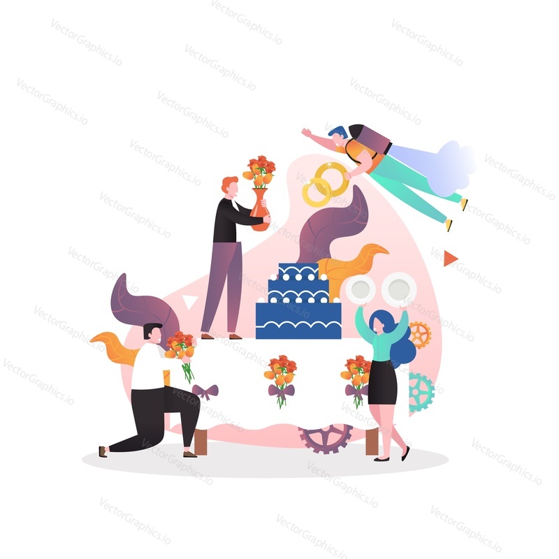 Wedding planner team decorating restaurant hall, vector illustration. Wedding party planning services concept for web banner, website page etc.