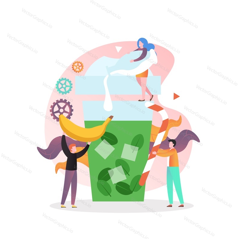 Micro male and female characters preparing huge glass of fresh organic green spinach smoothie, vector illustration. Healthy vegan nutritious vitamin beverage concept.