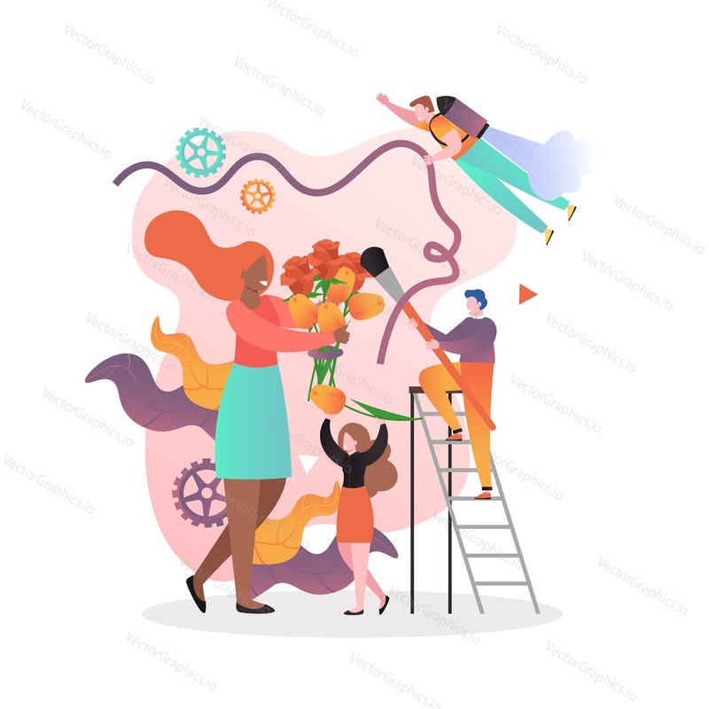 Male and female characters making bouquet of flowers, vector illustration. Florist store, flower arranging concept for web banner, website page etc.