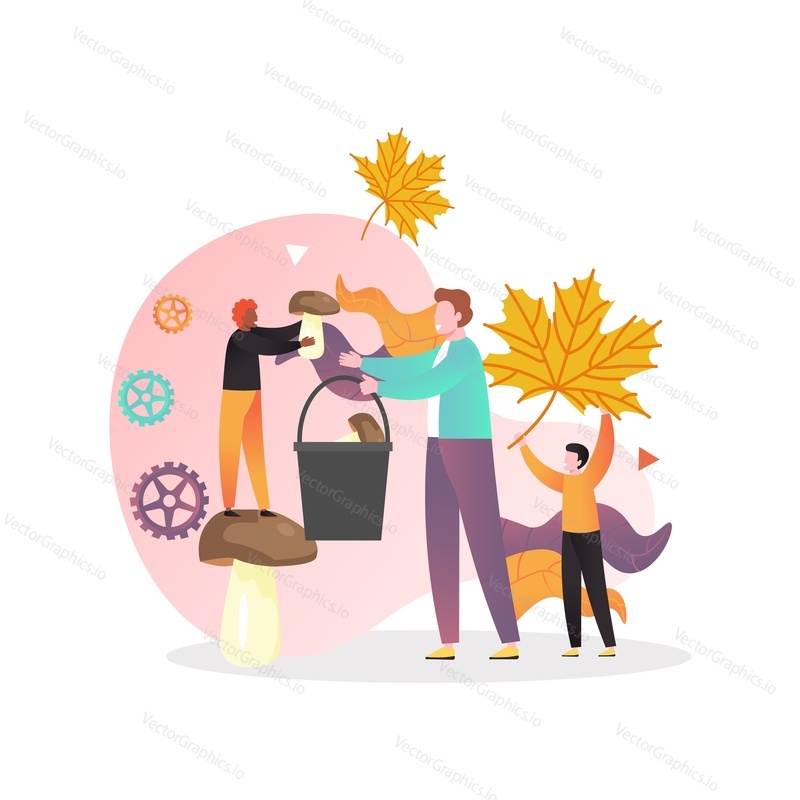 Autumn composition with male characters picking mushrooms, vector illustration. Autumn season activities concept for web banner, website page etc.