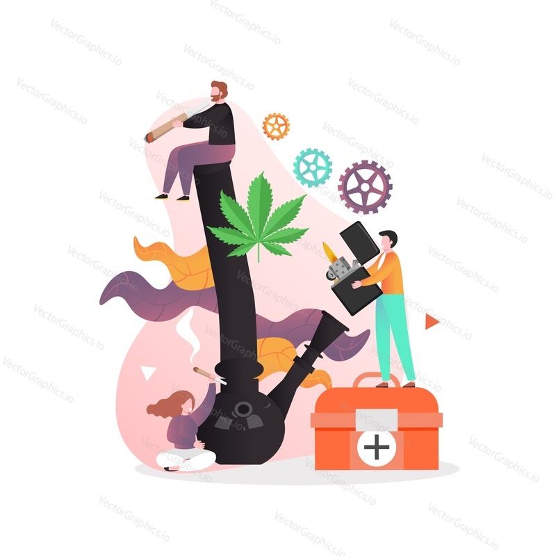 Obrovské konopí kouření bong, lékárnička, mikro mužské a ženské postavy kouření spliffs vektorové ilustrace. Spotřeba marihuany, lékařské konopí, koncept legalizace konopí pro webovou stránku atd