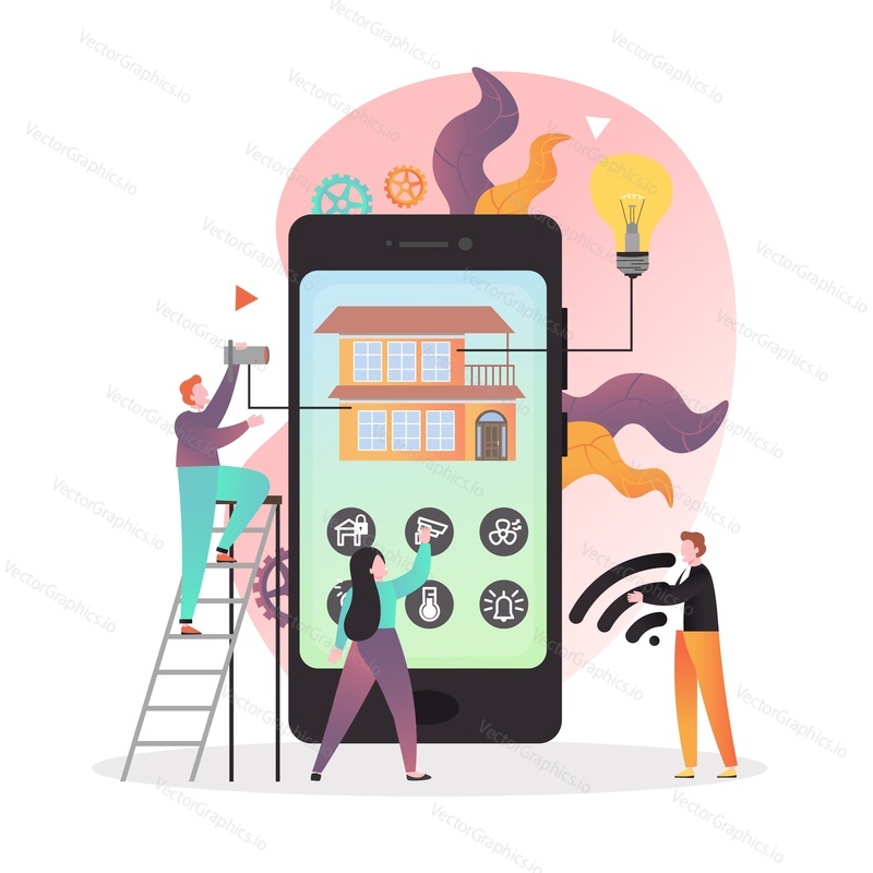 Huge mobile phone with smart home applications for home automation, micro male and female characters, vector illustration. Internet of things lighting control, heating, ventilation, security systems.