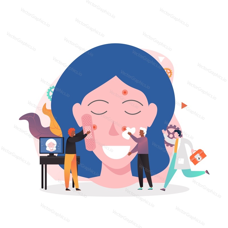 Micro male and female characters doctors dermatologists treating allergy rash on huge woman face, vector illustration. Dermatology, Dermatologist consultation and treatment concept.